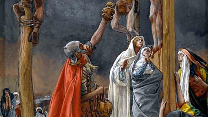 Acuarela de James Tissot: un soldado eleva una esponja empapada hacia el Crucificado (“Tengo sed”).