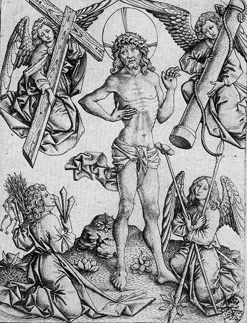 Grabado medieval del Varón de Dolores con ángeles que sostienen instrumentos de la Pasión, incluida la esponja y la lanza.
