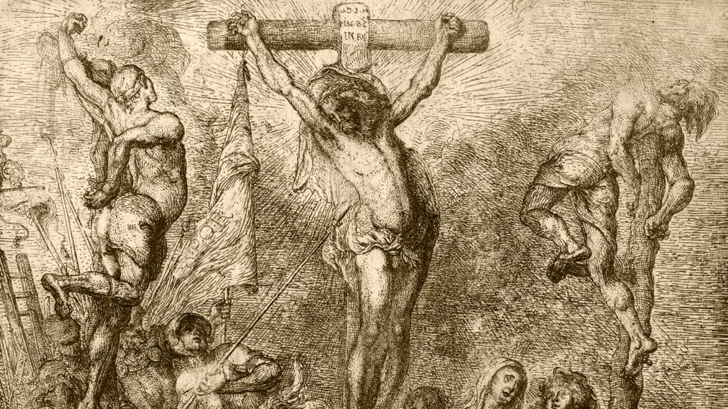 Grabado del Crucificado con Longinos y Estefatón, que acerca una esponja con vino agrio mediante una caña.