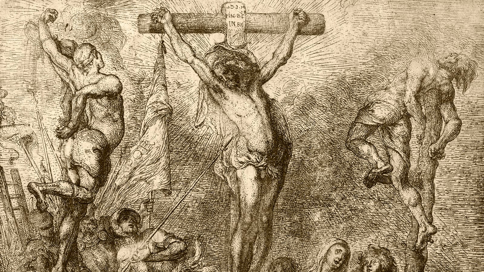 Grabado del Crucificado con Longinos y Estefatón, que acerca una esponja con vino agrio mediante una caña.