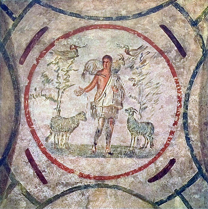 Fresco del Buen Pastor en la catacumba de Priscila, en Roma.
