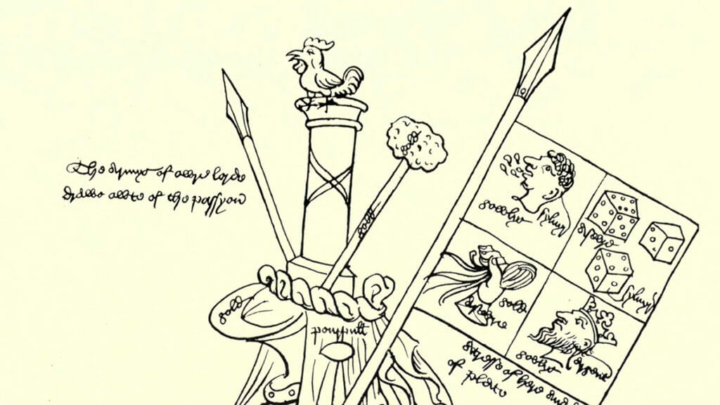 Ilustración medieval de los Arma Christi con emblemas de la Pasión, incluida la caña con la esponja de vinagre.