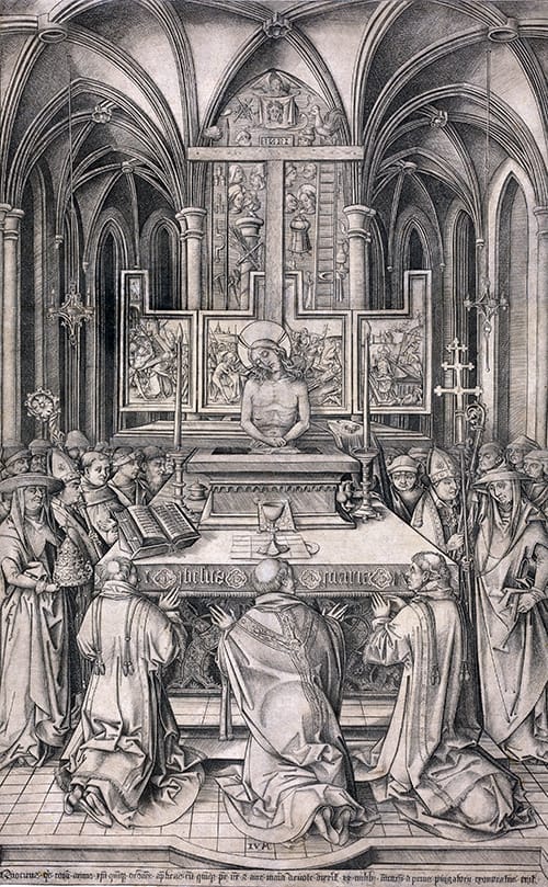 Grabado de “La misa de San Gregorio” con los instrumentos de la Pasión distribuidos alrededor de la escena.