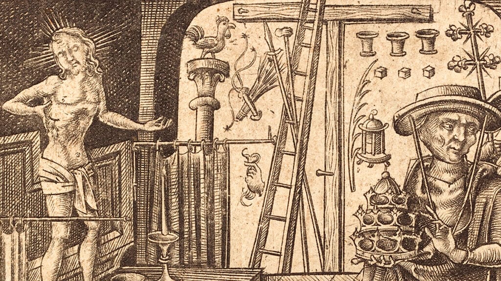 Grabado de la Misa de San Gregorio con Cristo y los instrumentos de la Pasión dispuestos como emblemas alrededor.