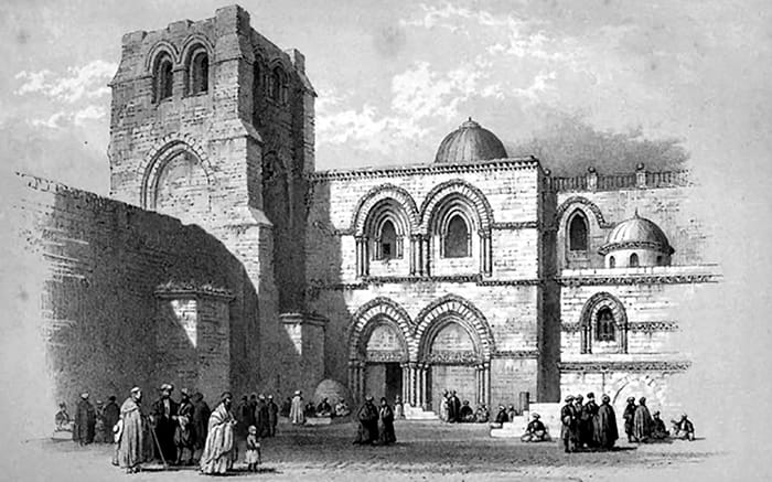 Fachada de la iglesia del Santo Sepulcro en Jerusalén, imagen histórica (1849).