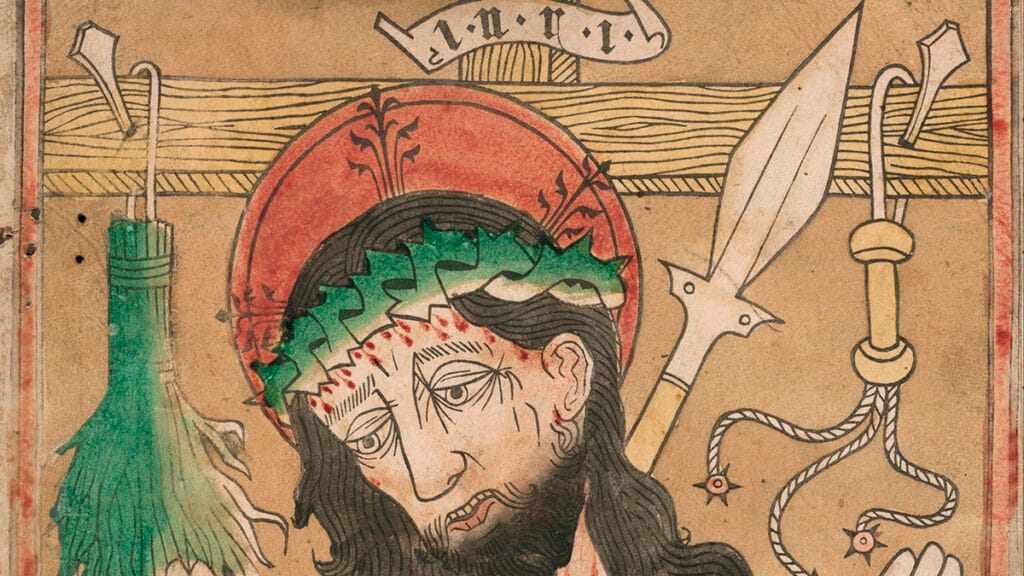 Xilografía del ‘Varón de Dolores’ con los Arma Christi (instrumentos de la Pasión) dispuestos alrededor.