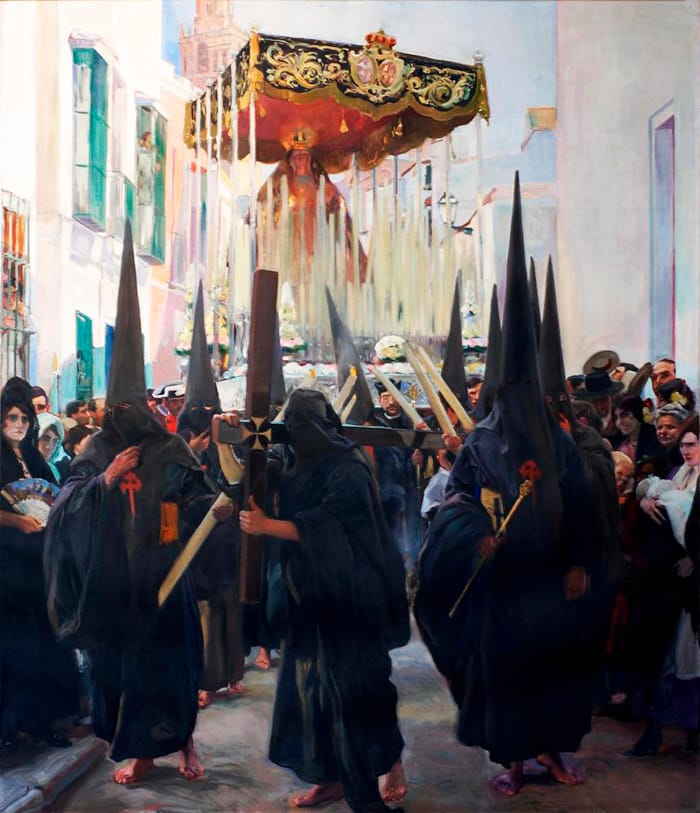 Pintura de Sorolla con nazarenos en una escena de Semana Santa.