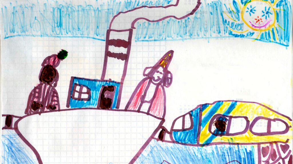 Dibujo de Sinterklaas en una escena festiva con elementos de llegada y regalos.