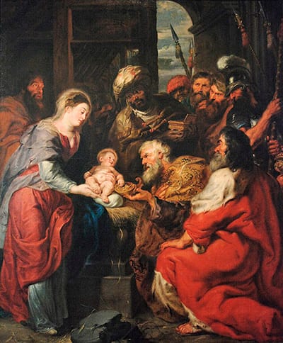 Pintura barroca de la adoración de los Magos con fuertes contrastes de luz.
