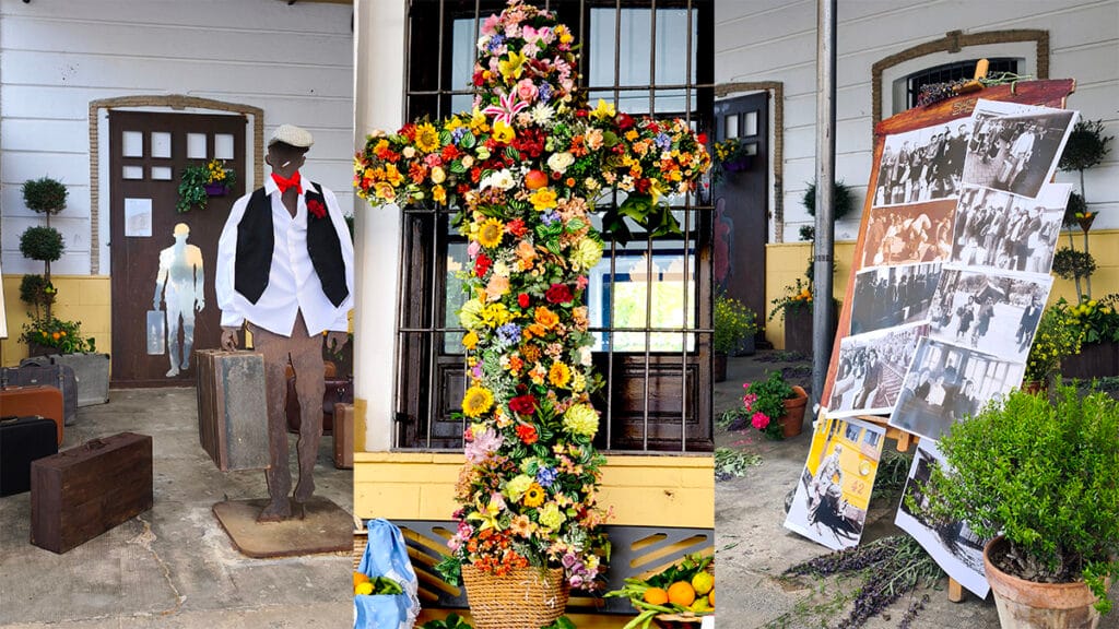 Montaje de la Cruz de Mayo de la Virgen de las Angustias en Padul, con referencias a la emigración y fotografías antiguas.