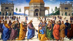 Cristo entrega las llaves del Reino de los Cielos a San Pedro en el fresco de Perugino de la Capilla Sixtina.