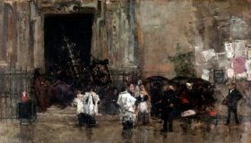 Procesión sorprendida por la lluvia (Mariano Fortuny): decisión y repliegue cuando el tiempo rompe el plan.