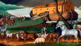 Representación pictórica del Arca de Noé con animales entrando en la nave antes del diluvio.