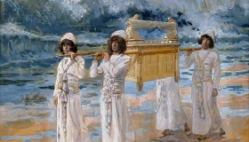 El Arca de la Alianza cruza el Jordán portada por sacerdotes, obra de James Tissot.