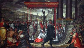 Pintura histórica en el Duomo de Milán con la procesión del Santo Chiodo (clavo venerado como reliquia de la Cruz).