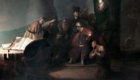 Judas, en gesto desesperado, devuelve las monedas mientras los sacerdotes lo rechazan; escena de tensión y culpa.