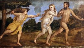 Adán y Eva expulsados del Jardín del Edén tras comer el fruto prohibido.
