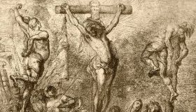 Grabado del Crucificado con Longinos y Estefatón, que acerca una esponja con vino agrio mediante una caña.