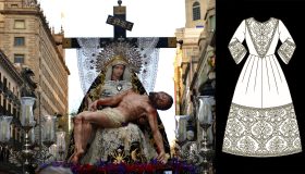 Montaje con la imagen procesional de Nuestra Señora de las Angustias sosteniendo a Cristo bajo una cruz con el rótulo INRI, junto al boceto de una saya con bordados ornamentales.