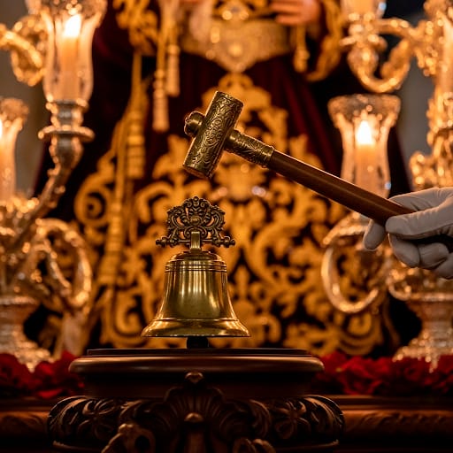 El capataz tañe la campana con el martillo y todo comienza... Foto del autor.