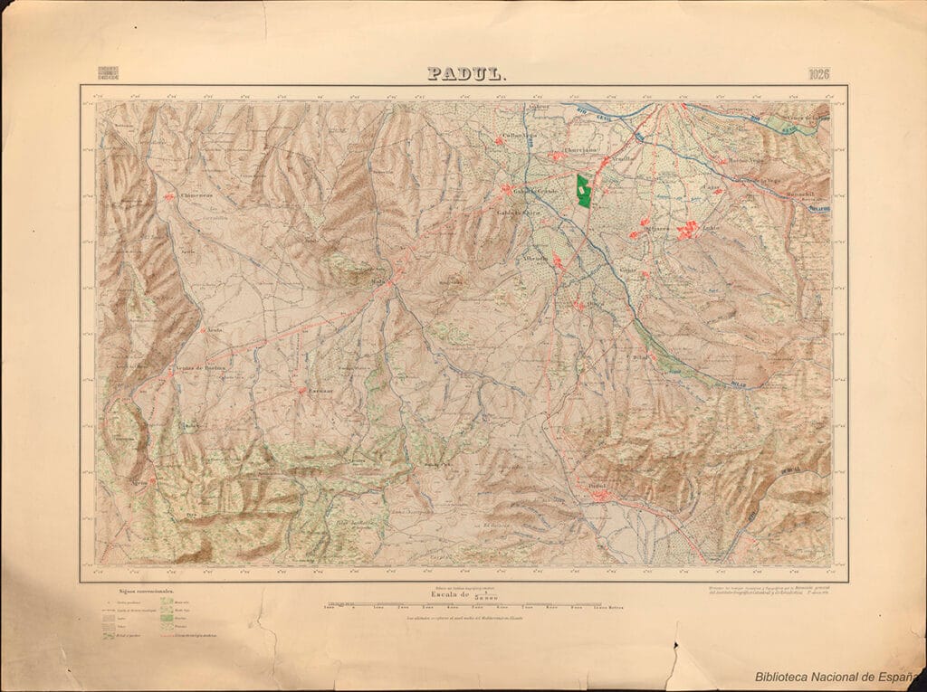 Mapa histórico titulado “Padul”, con relieve y red de caminos de la zona, procedente de la Biblioteca Nacional de España.