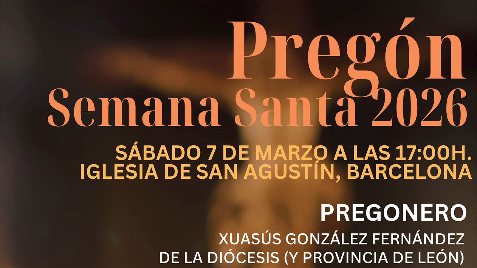 Cartel del Pregón de Semana Santa 2026 en Barcelona (Sant Agustí) con concierto de marchas procesionales.