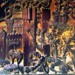Silla tallada del coro de la Catedral de Toledo que representa la toma de Padul, con escenas de combate y fortificación.